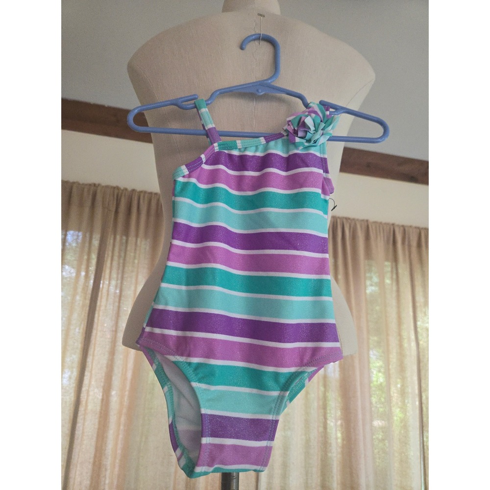 CIRCO Baby Girls Striped One Piece Swimsuit Purple Teal Glitter Flower 12M